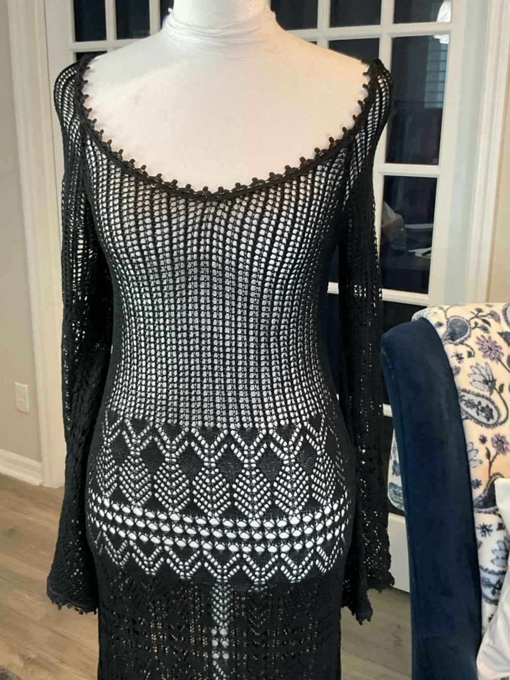 Cider Black Crochet Open Knit Maxi Dress Long Flare Slv., Fringe Hem Size M NWT - Picture 3 of 13